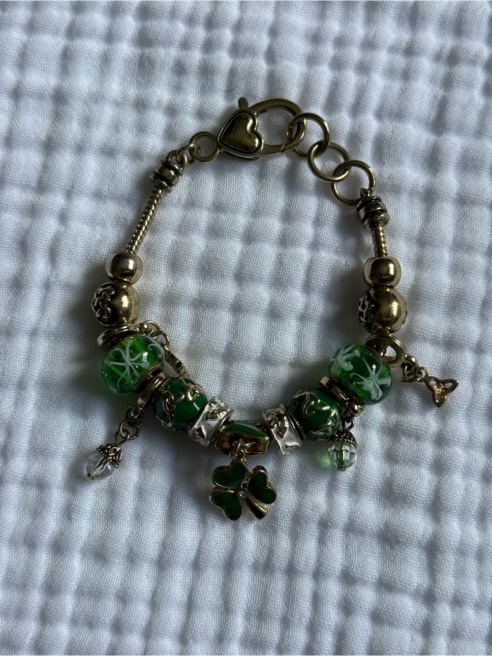 Gold-Tone Bracelet with Green Clover & Bead Charms St Patrick Pandora Style